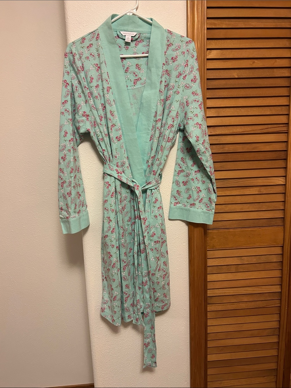 New Charter Club Mint Floral Tie-Waist Robe with Pink Print 100% Cotton NWOT